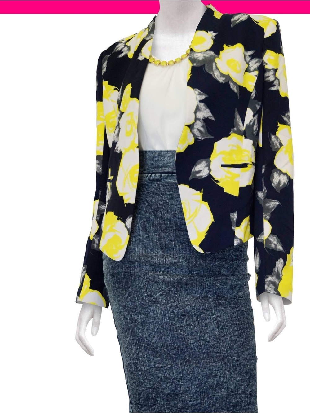 Ovi Open-Front Cropped Blazer Sz Large Navy Blue/Yellow Floral Print Career Work